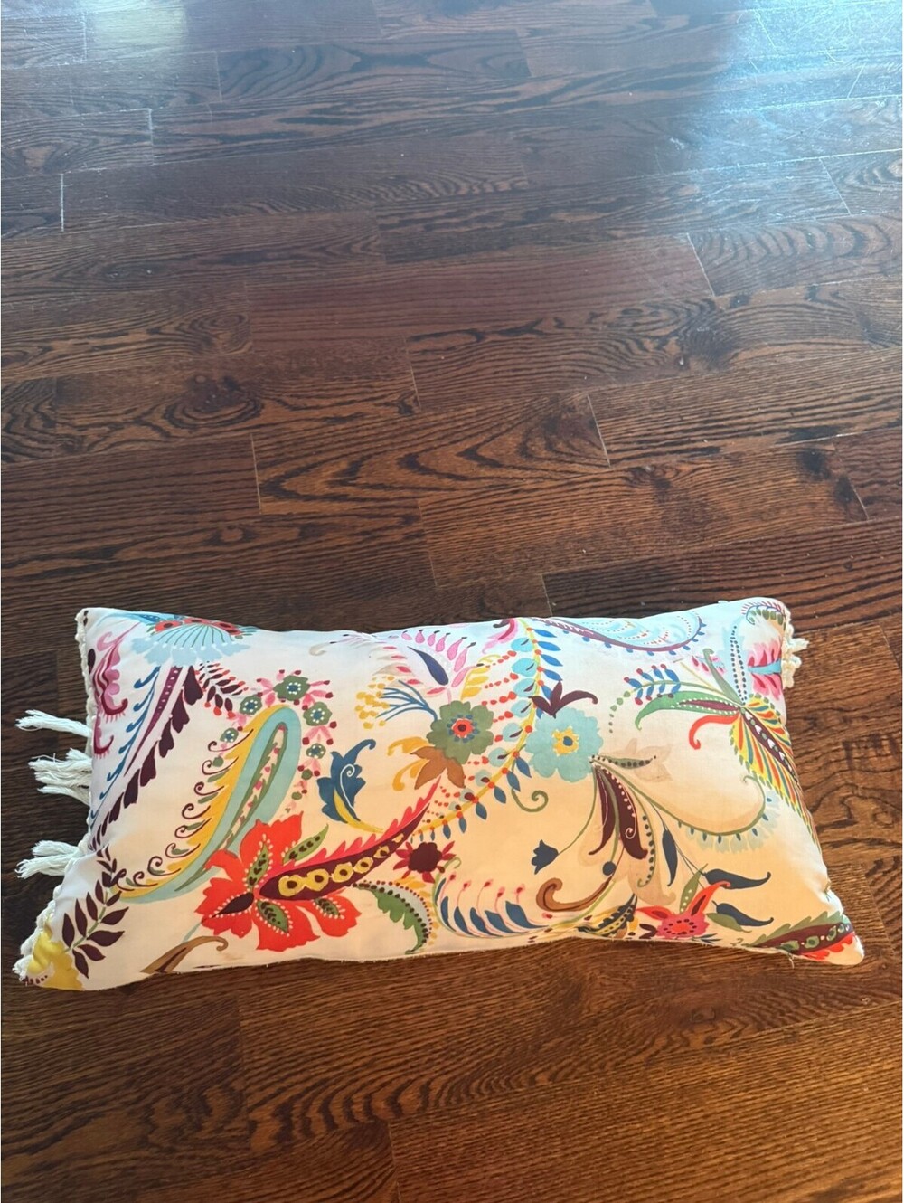 Decorative Rectangular Throw Pillow with Colorful Floral Pattern and Tassels